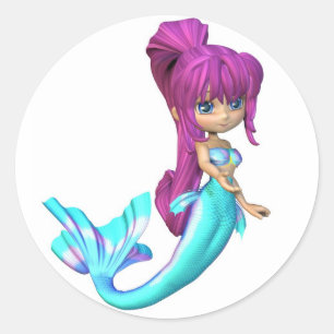 Niedlich Toon Bright Blue Mermaid Runder Aufkleber