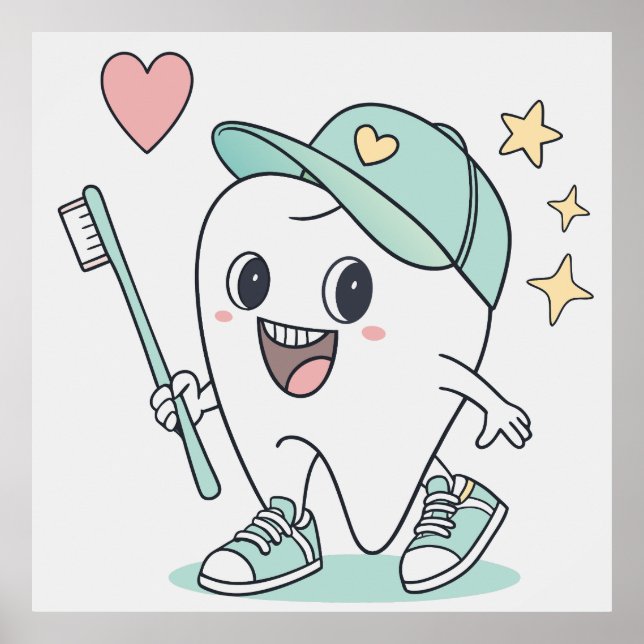 Niedlich Tooth Cartoon - Kinder Zahnpflaster Poster (Vorne)