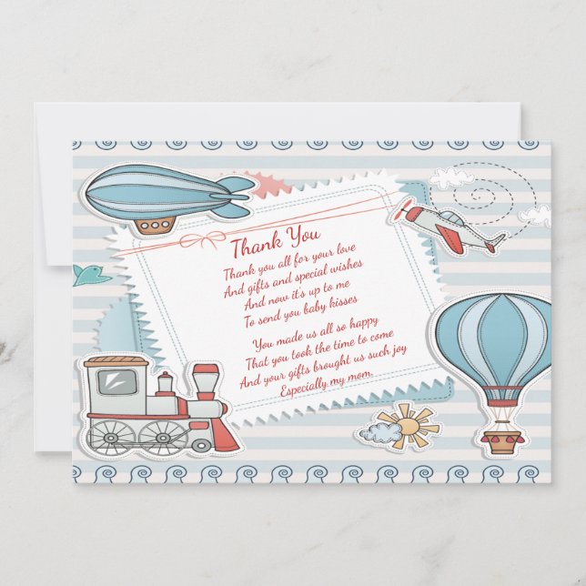 Niedlich Travel Themed Baby Boy Dusche Vielen Dank Dankeskarte (Vorderseite)