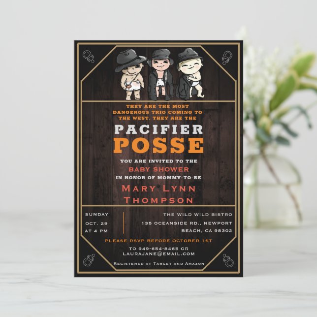 Niedlich Triplets Schnuller Posse Wild West Baby D Einladung (Stehend Vorderseite)
