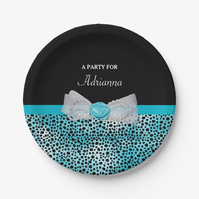 Niedlich türkis Cheetah Print Frilly Bow Party Nam Pappteller (Vorderseite)