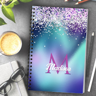 Niedlich türkisblaues Aqua-Imitat Glitzer Monogram Notizbuch