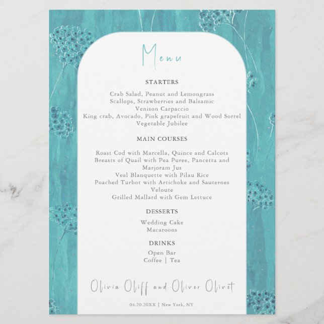 Niedlich türkisfarbene Blume Hochzeitsmenü Menükarte (Vorderseite)