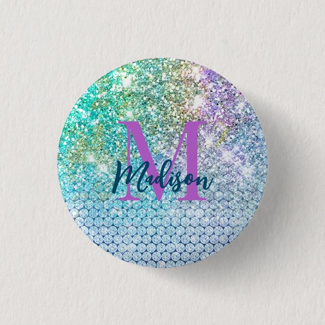 Niedlich Türkisfarbene Einhorn-Imitate Glitzer-Mon Button (Vorderseite)