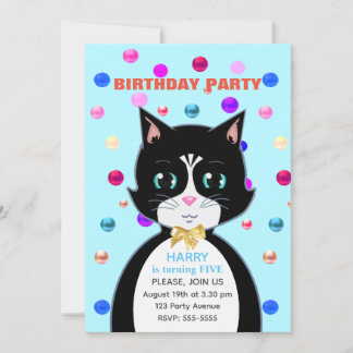 Niedlich Tuxedo Birthday Cat & Multicolor Confetti Einladung