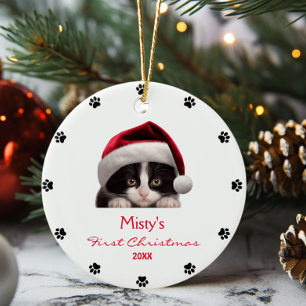 Niedlich Tuxedo Cat Weihnachtsmannmütze Paw Print  Keramik Ornament