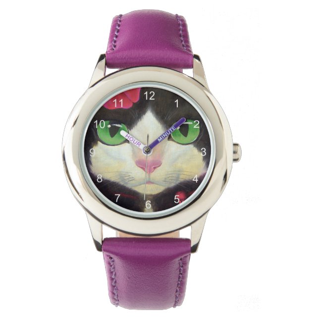 Niedlich Tuxedo Katze Gesicht Schwarz-weiß Red Ill Armbanduhr (Vorderseite)