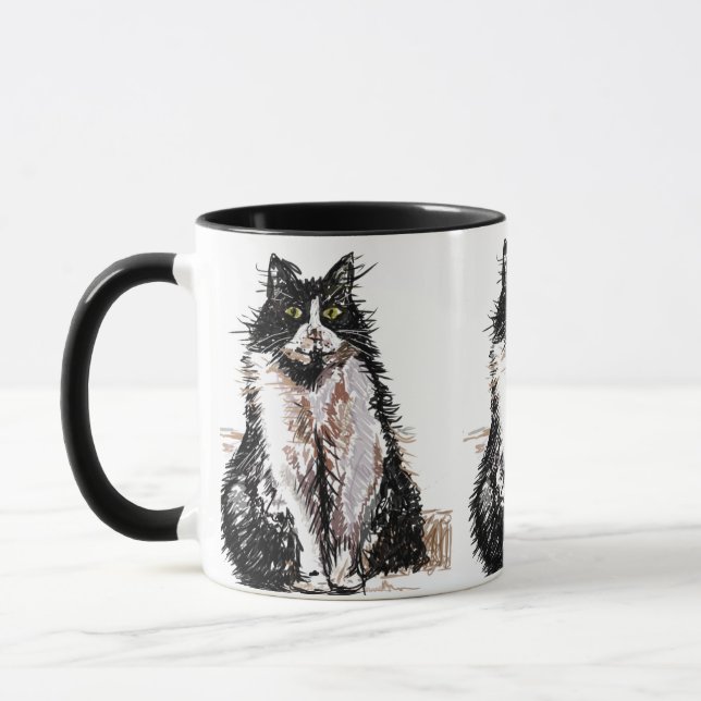 Niedlich Tuxedo Katze Schwarz-weiß Zeichnend Kunst Tasse (Links)