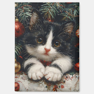 Niedlich Tuxedo Kitten Christmas Cat Art Magnet