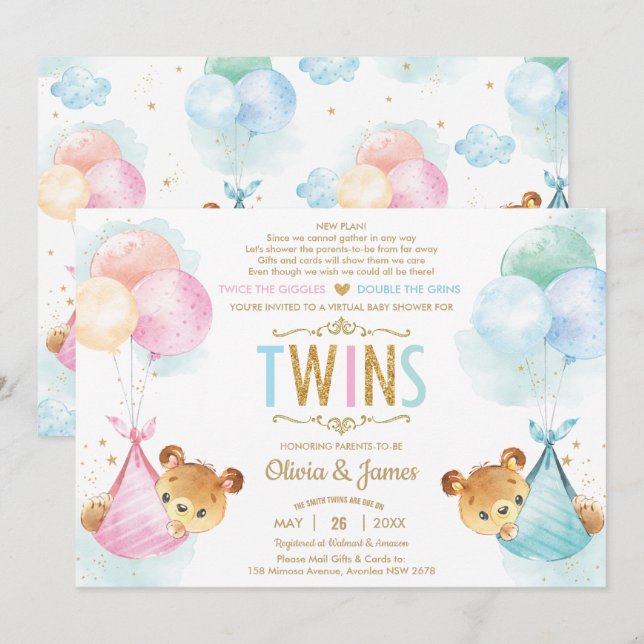 Niedlich Twin Teddy Bear Girl Boy Baby Dusche per  Einladung (Vorne/Hinten)