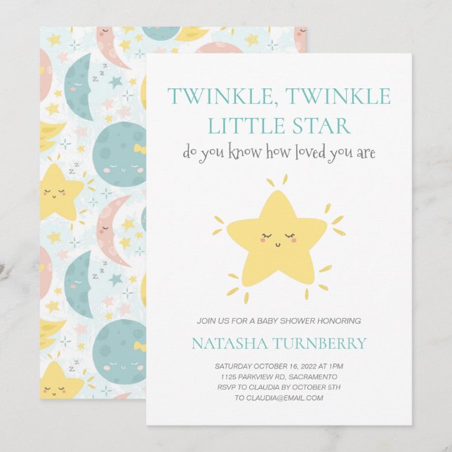 Niedlich Twinkle Twinkle Little Star Baby Dusche Einladung (Vorne/Hinten)