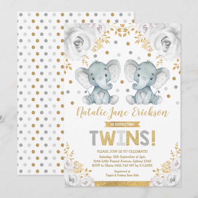Niedlich Twins Elephant Baby Dusche Alabaster Flor Einladung (Vorne/Hinten)