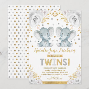 Niedlich Twins Elephant Baby Dusche Alabaster Flor Einladung