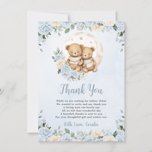 Niedlich Twins Teddy Bears Blue Floral Boy Babydus Dankeskarte (Vorderseite)
