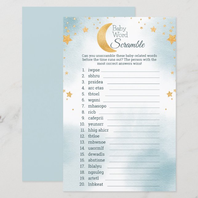 Niedlich über dem Mond Baby Shower Word Scramble G (Vorne/Hinten)