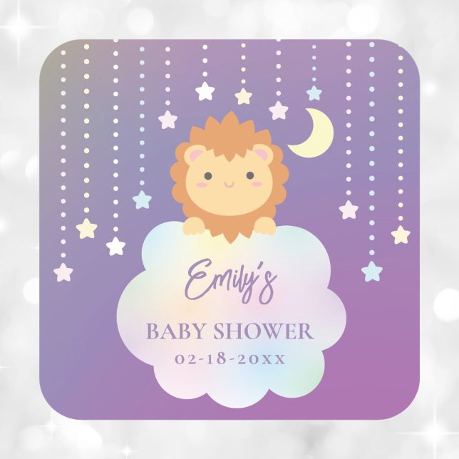 Niedlich über Mond und Sternen Lion Cub Babydusche Quadratischer Aufkleber (Von Creator hochgeladen)