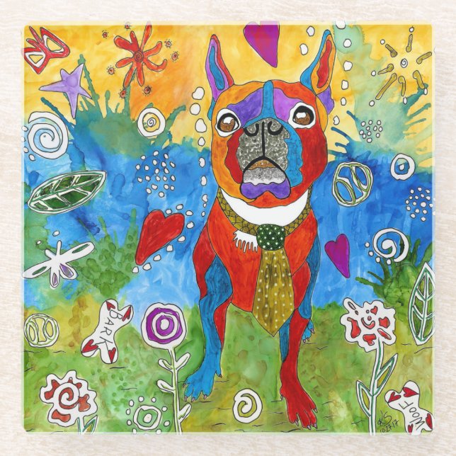 Niedlich und farbenfroh Boston Terrier Glasuntersetzer (Vorderseite)