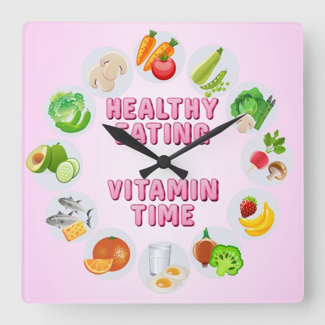 Niedlich und farbenfroh gesund essen Vitamin-Zeit Quadratische Wanduhr (Vorderseite)