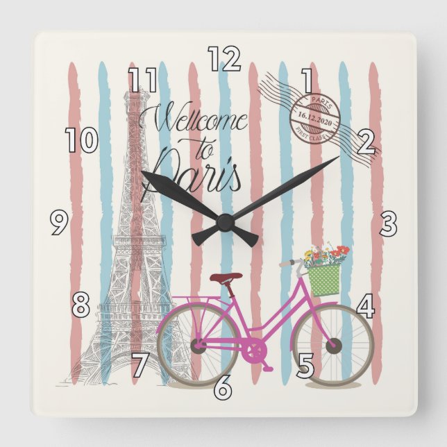 Niedlich und farbenfroh Willkommen in Paris Quadratische Wanduhr (Vorderseite)