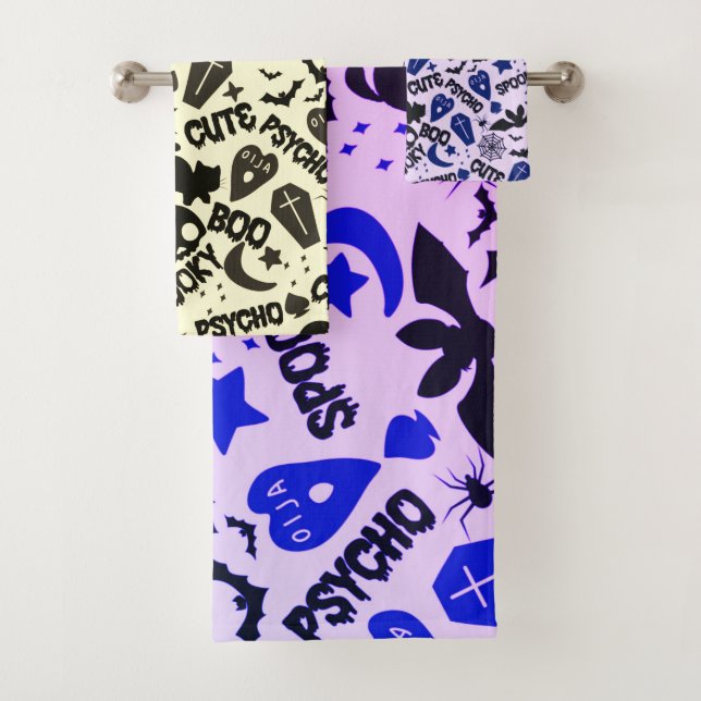 Niedlich und Spaß Lila Blau und Schwarz Halloween Badhandtuch Set (Insitu)