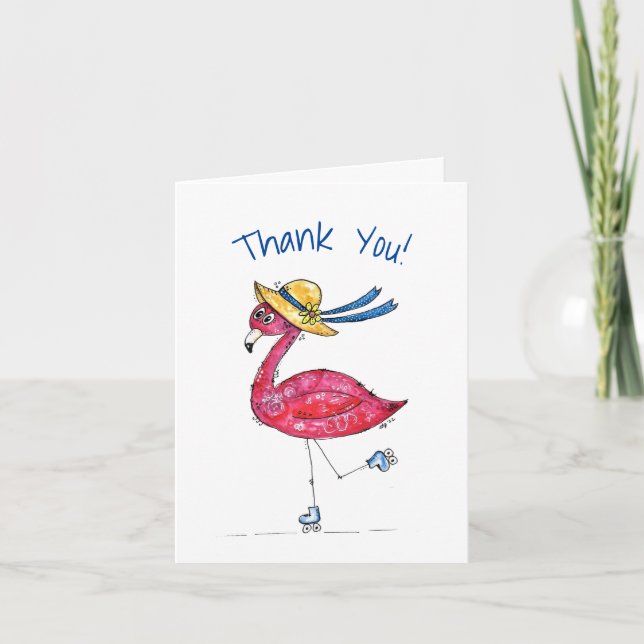 Niedlich und Whimsical Pink Flamingo auf Skaten Dankeskarte (Vorderseite)