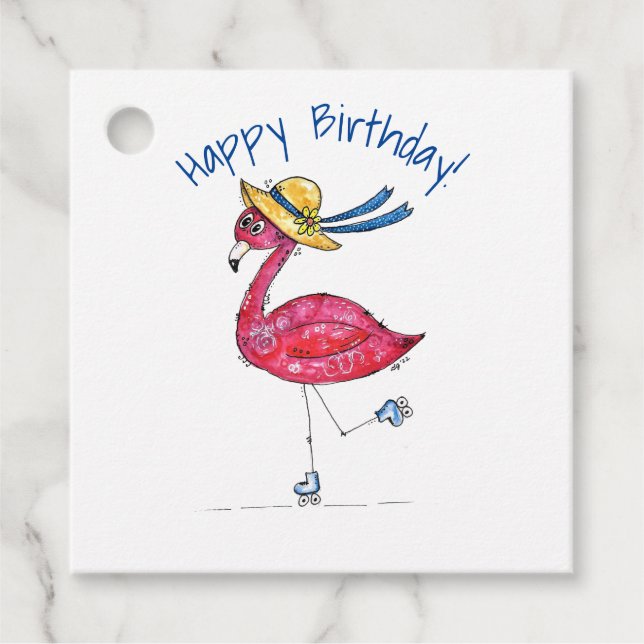 Niedlich und Whimsical Pink Flamingo auf Skaten Geschenkanhänger (Vorderseite)