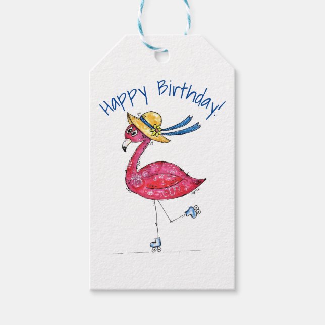 Niedlich und Whimsical Pink Flamingo auf Skaten Geschenkanhänger (Vorderseite)