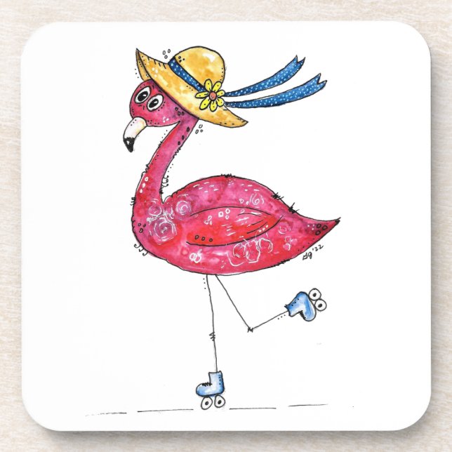 Niedlich und Whimsical Pink Flamingo auf Skaten Getränkeuntersetzer (Vorderseite)