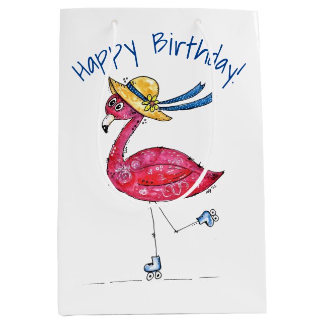 Niedlich und Whimsical Pink Flamingo auf Skaten Mittlere Geschenktüte (Vorderseite)