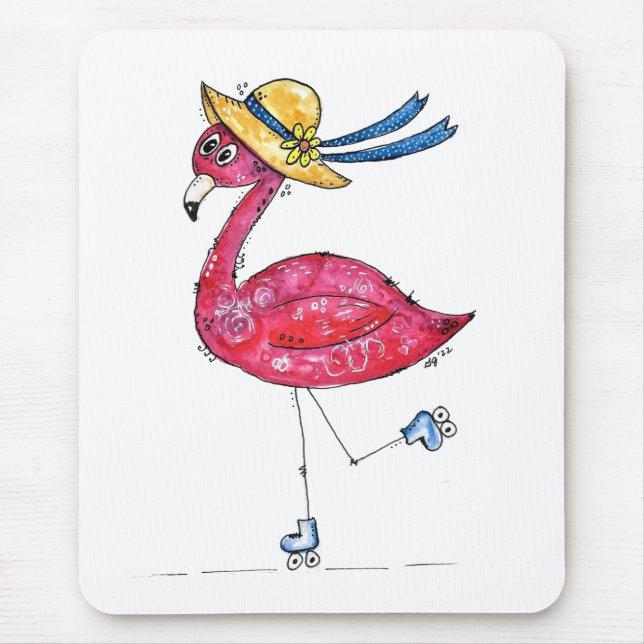 Niedlich und Whimsical Pink Flamingo auf Skaten Mousepad (Vorne)