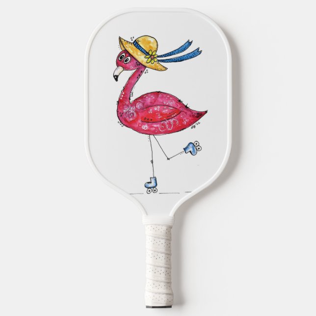 Niedlich und Whimsical Pink Flamingo auf Skaten Pickleball Schläger (Vorderseite)