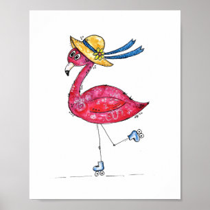 Niedlich und Whimsical Pink Flamingo auf Skaten Poster