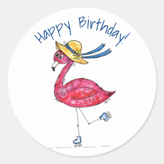 Niedlich und Whimsical Pink Flamingo auf Skaten Runder Aufkleber (Vorderseite)