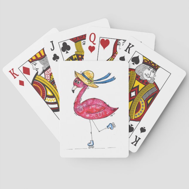 Niedlich und Whimsical Pink Flamingo auf Skaten Spielkarten (Rückseite)