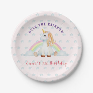 Niedlich Unicorn Aquarellfarbe Rosa 1. Geburtstag Pappteller