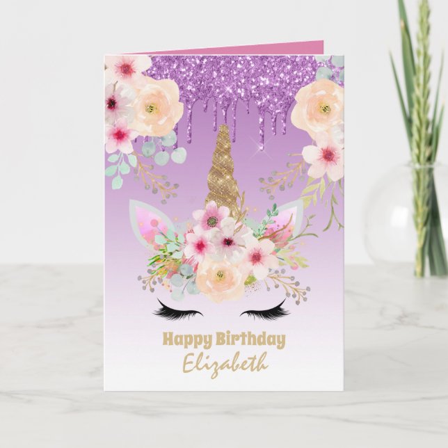 Niedlich Unicorn Fantasy Hübsch Girly Lilac Gold Karte (Vorderseite)