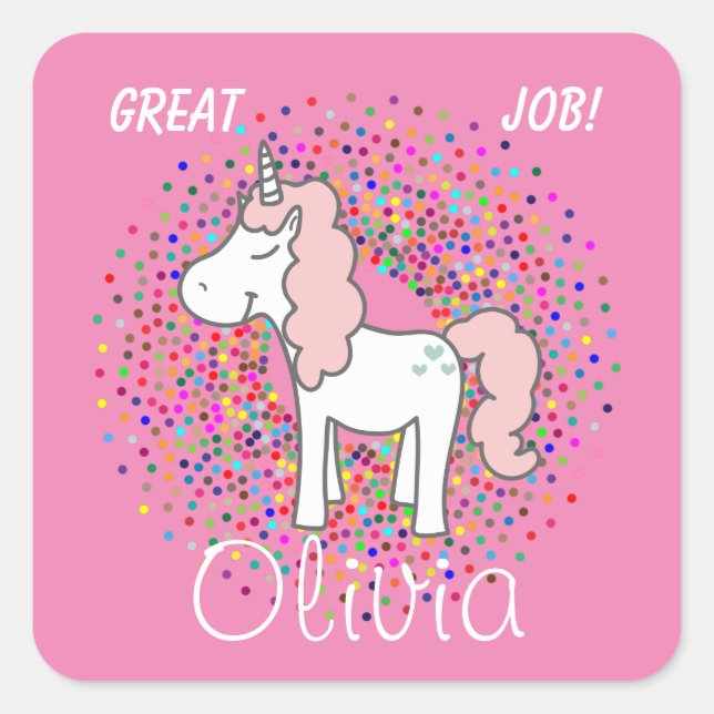 Niedlich Unicorn Great Job! [Name des Kindes einfü Quadratischer Aufkleber (Vorderseite)