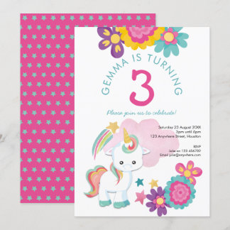 Niedlich Unicorn Pink Aquamarin Girl 3. Geburtstag Einladung