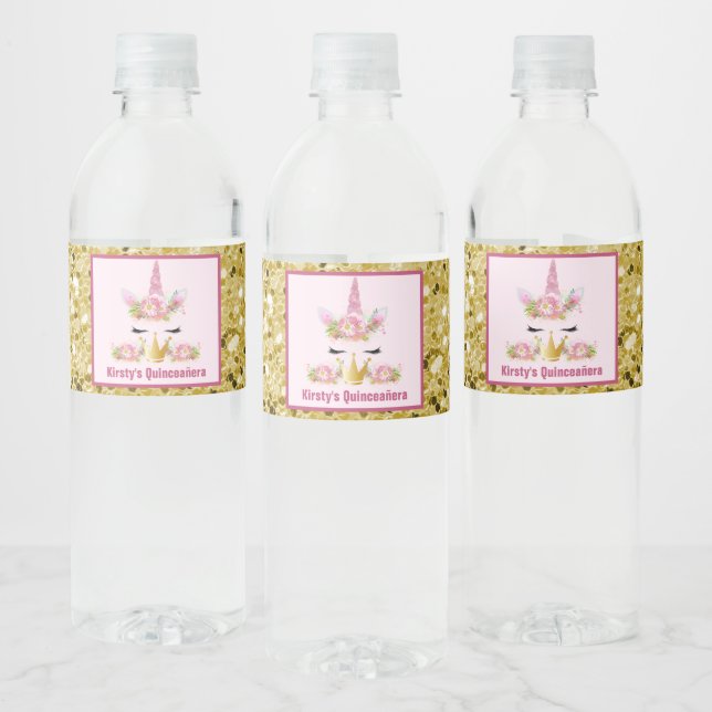 Niedlich Unicorn Pink Gold Glitzer Quinceañer (Flaschen)