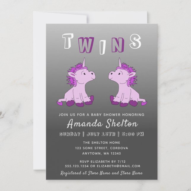 Niedlich Unicorn Pink Twins GIrls Kinderdusche Einladung (Vorderseite)