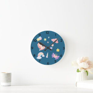 Niedlich Unicorn Rainbow Herzballon Sternmuster Runde Wanduhr