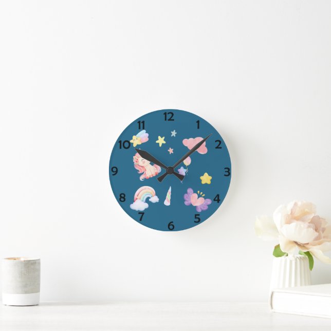 Niedlich Unicorn Rainbow Herzballon Sternmuster Runde Wanduhr (Zuhause)