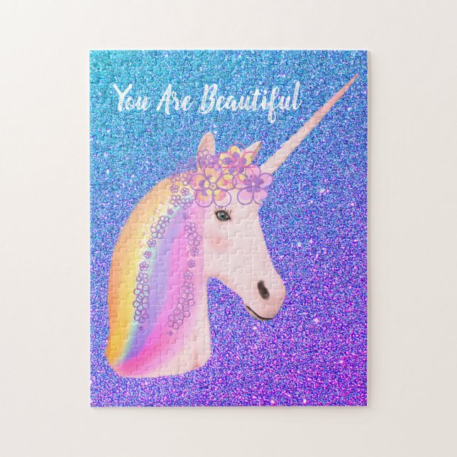 Niedlich Unicorn Rainbow Lila Blue Ombre Glitzer (Vertikal)