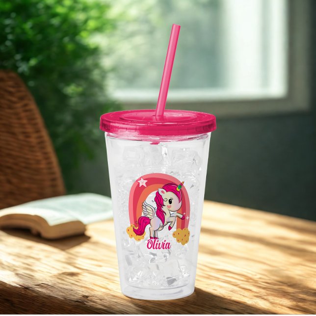 Niedlich Unicorn Regenbogen Personalisiert Name Ro Acryltrinkbecher (Girls Unicorn tumbler)