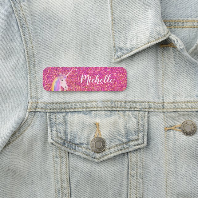 Niedlich Unicorn Regenbogen Rosa Glitzer Personali Namensschild (Beispiel)