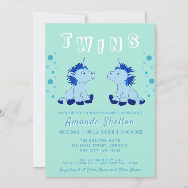 Niedlich Unicorn Twins 2 Baby Boys Babydusche Einladung (Vorderseite)