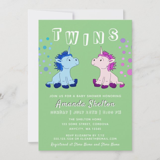 Niedlich Unicorn Twins Baby Boy Baby Girl Babydusc Einladung (Vorderseite)