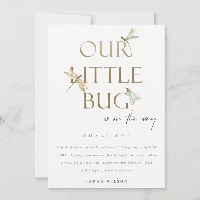 Niedlich unsere kleine Bug Gold Dragonfly Babydusc Dankeskarte (Vorderseite)
