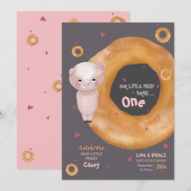 Niedlich "UNSERE KLEINE PIGGY" | "Liebe & Bagels" Einladung (Vorne/Hinten)