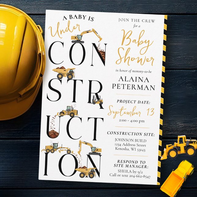 Niedlich unter Baugewerbe Truckwagen Babydusche Einladung (Cute under construction dirt transportation vehicles caution tape QR code baby boy shower invitation)